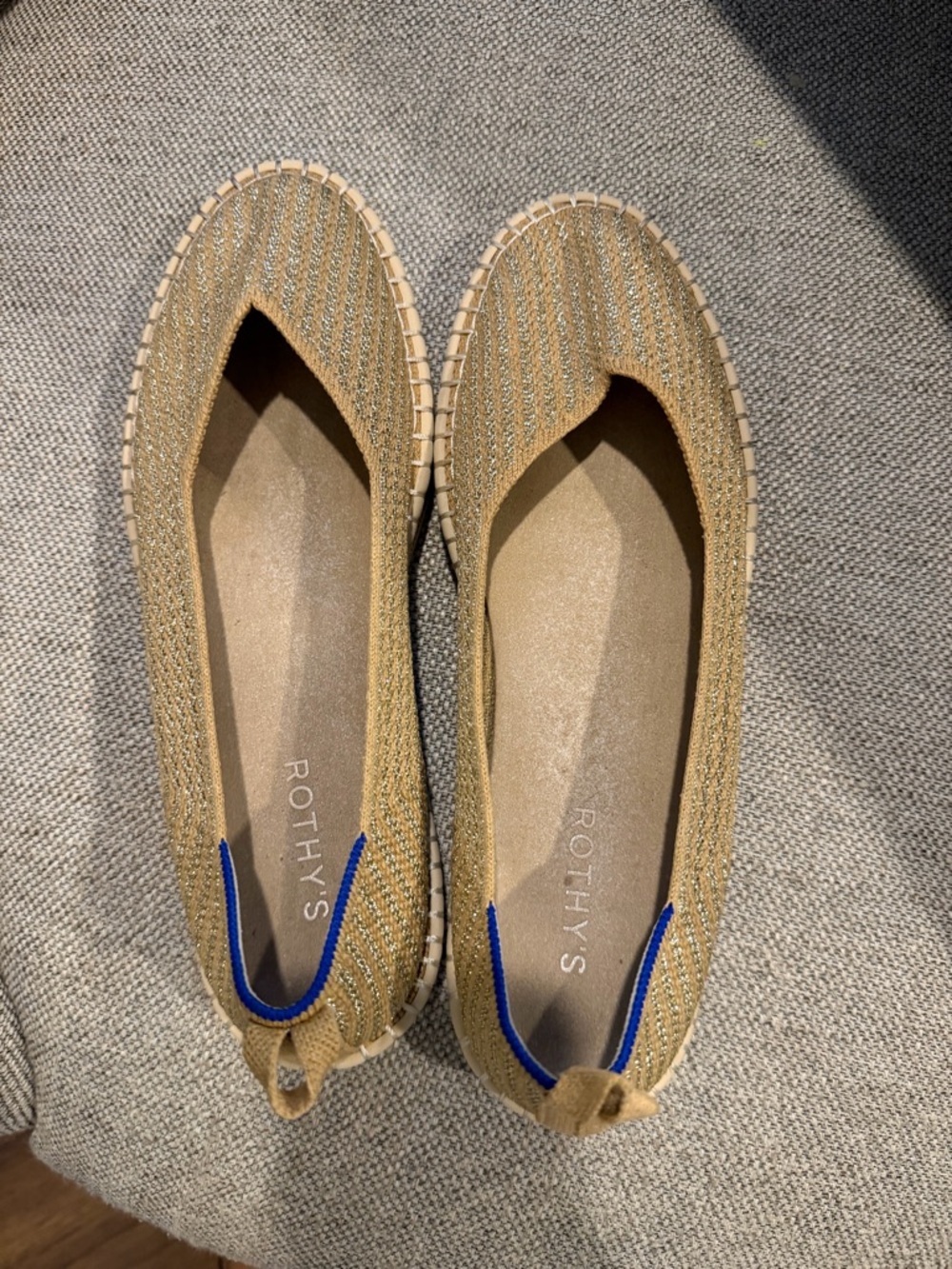 Rothy's Metallic Gold Knit Slip-On Flats with Blue Trim
